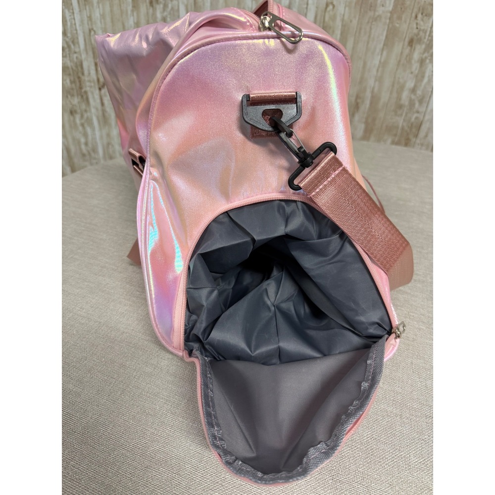 Pink Iridescent Holographic Duffel Bag Gym Travel Weekender with Shoe Pocket - Picture 4 of 5